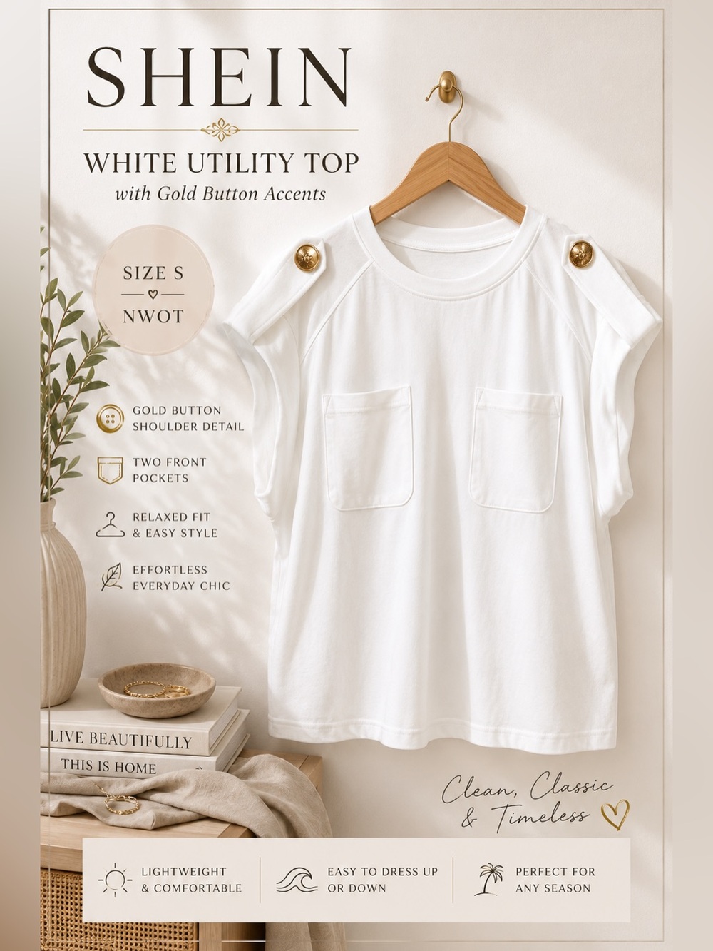 SHEIN White Utility Pocket Top Gold Button Shoulder Detail Size Small NWOT